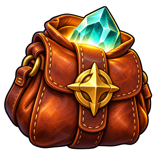 Lootfolk’s leather satchel emblem with a golden compass clasp and a luminous teal crystal